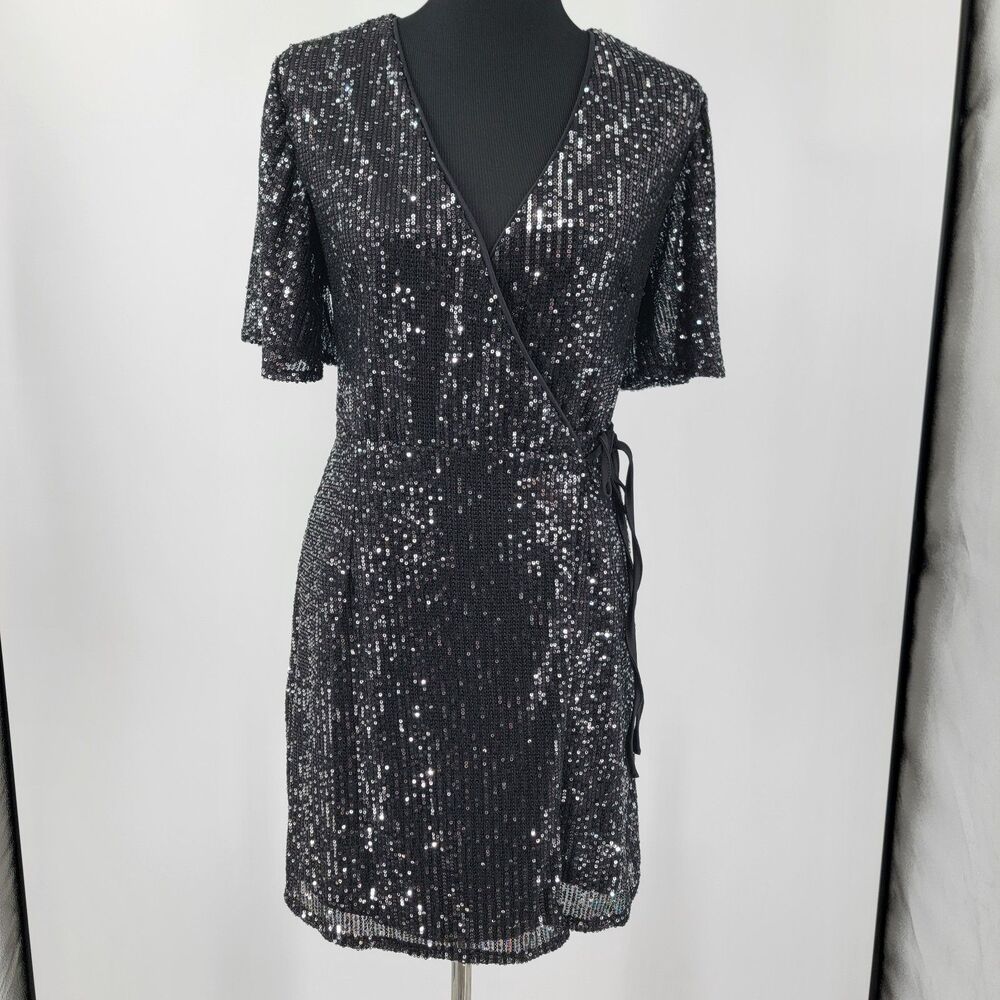 Makk Fashions NWT Black Sequin S Wrap Dress Small Cocktail Holiday Party Midi